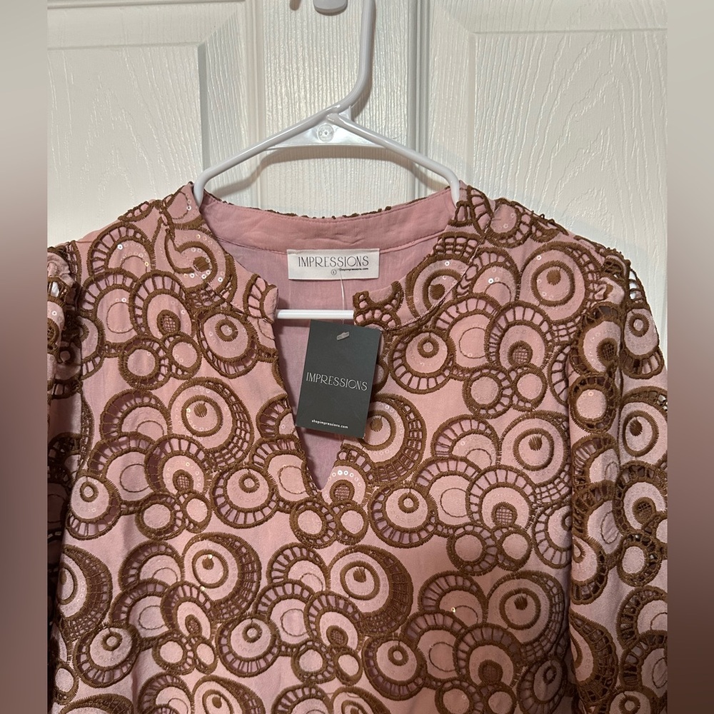 IMPRESSIONS Large NWT Fifth Avenue Embroidered Mini Dress Blush With Brown - Picture 4 of 7